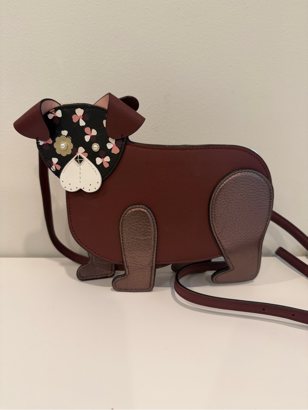 kate spade Burgundy and Brown Dog Crossbody Bag with Floral Face - Picture 1 of 3